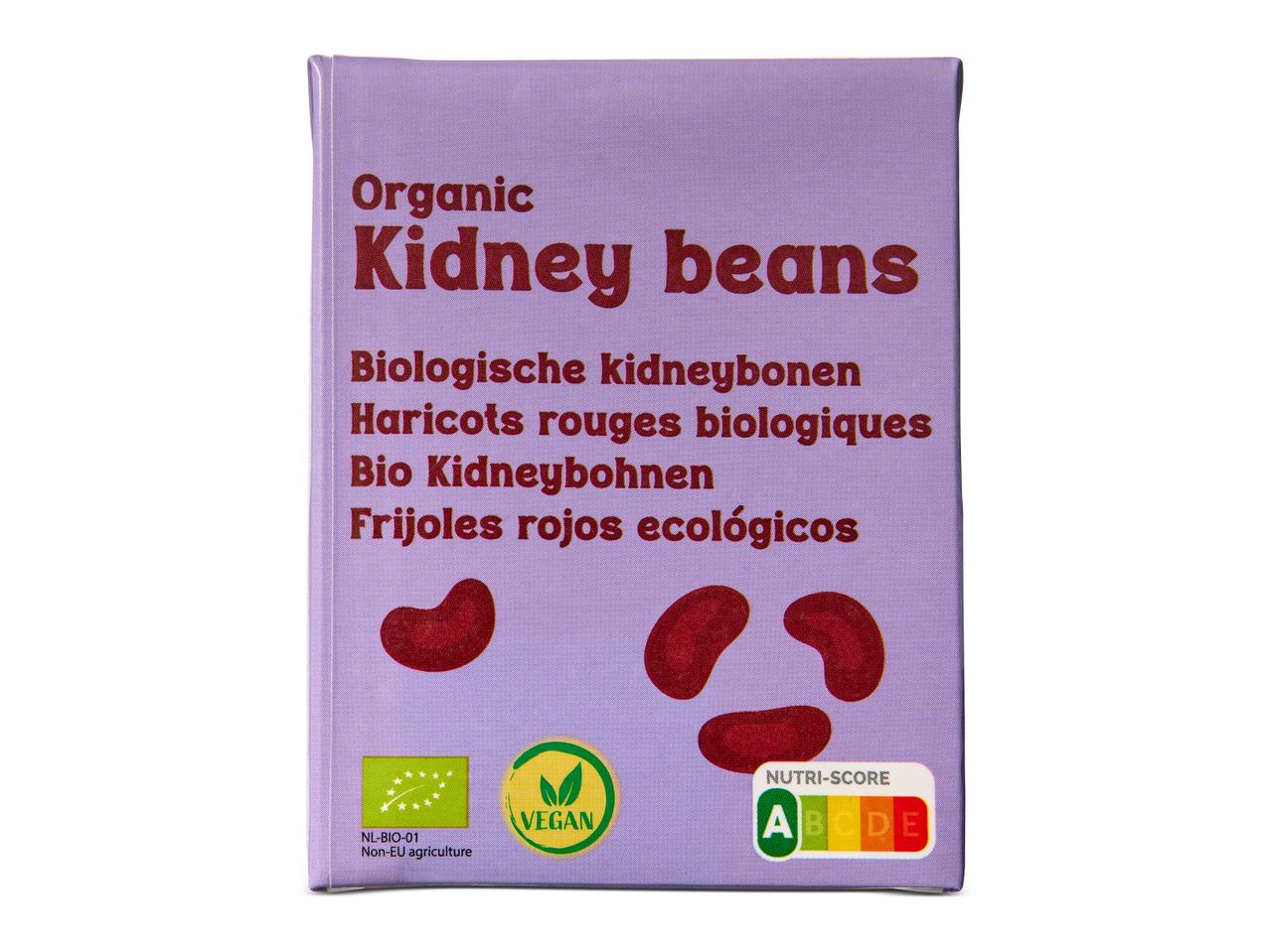 Verpakking biologische kidneybonen met Nutri-Score A en veganistisch label.