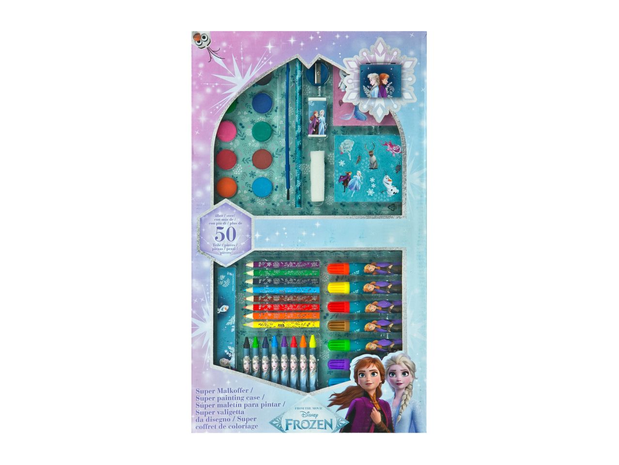 Frozen-themed art set with paints, crayons, and markers.