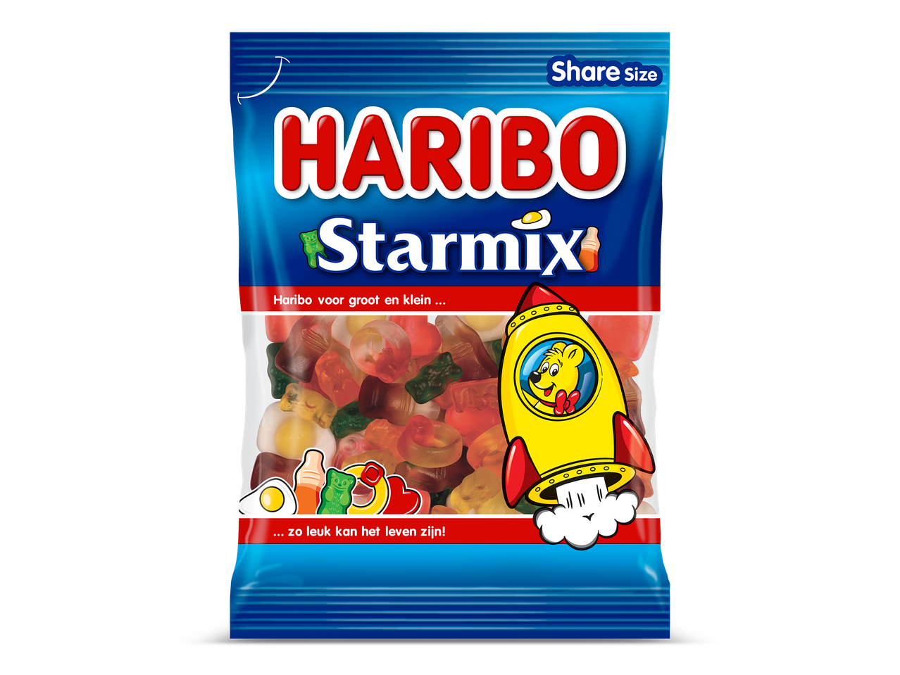Een zakje gemengde fruitgums met de tekst 'Share Size' en 'Haribo voor groot en klein ... zo leuk kan het leven zijn!'.