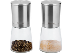 Două râșnițe de condimente din sticlă și oțel inoxidabil cu piper și sare