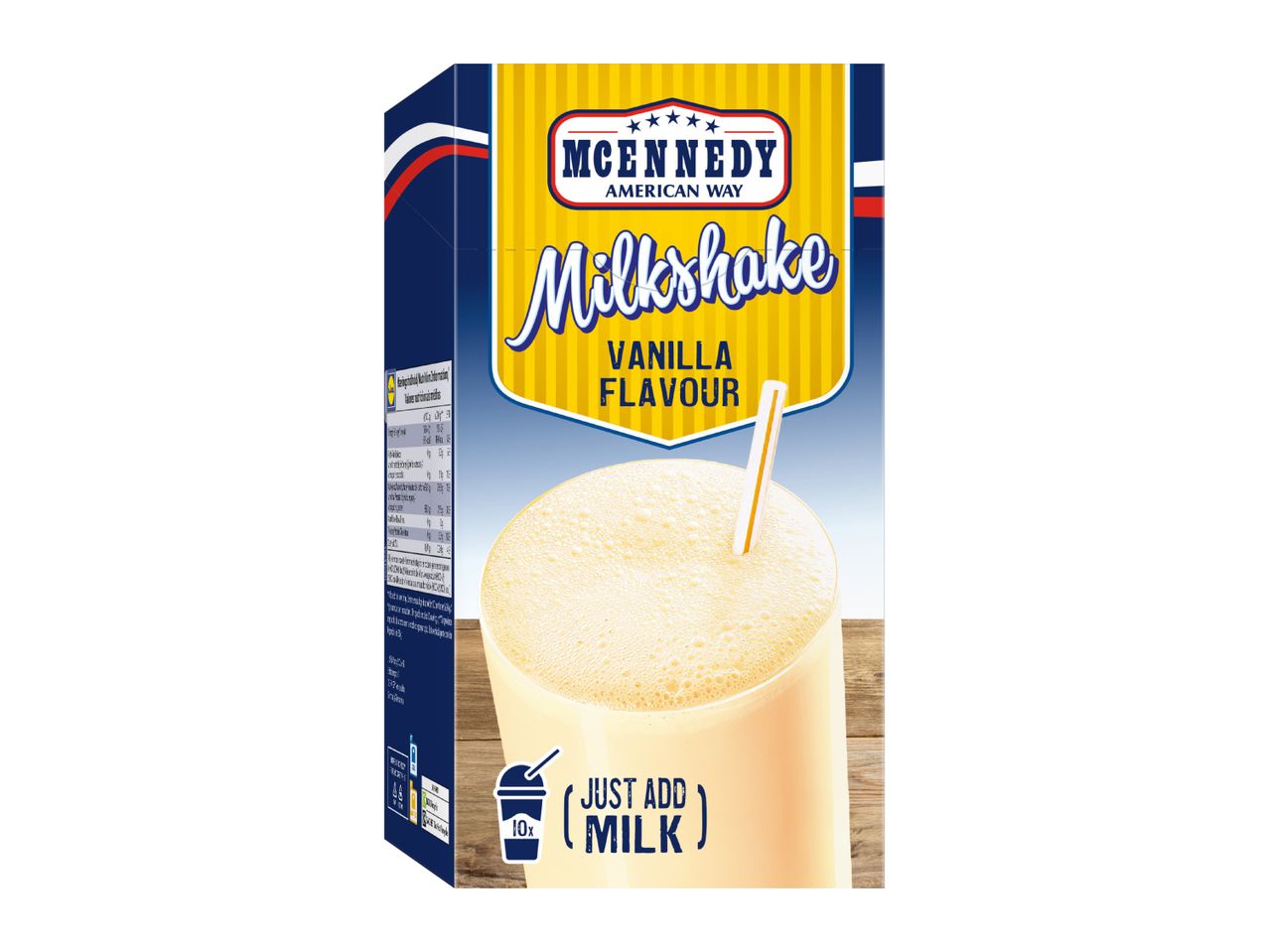 Vanilla milkshake powder box, with a glass of prepared milkshake and text 'JUST ADD MILK'.
