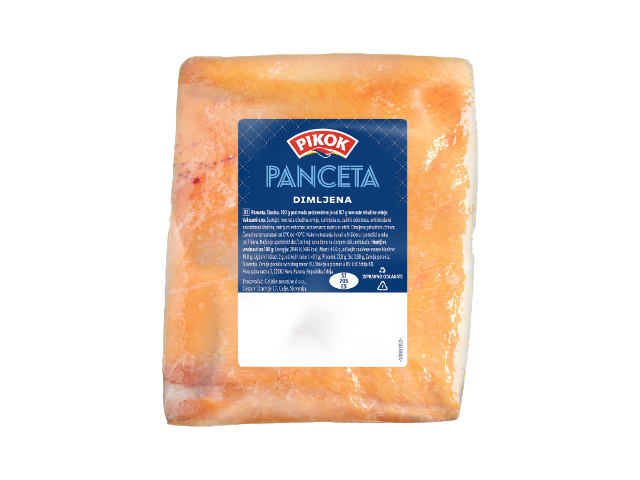 Dimljena panceta u vakuum pakovanju sa informacijama o proizvodu.