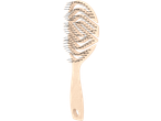 Beige haarborstel met open ontwerp en zwarte pinnen.