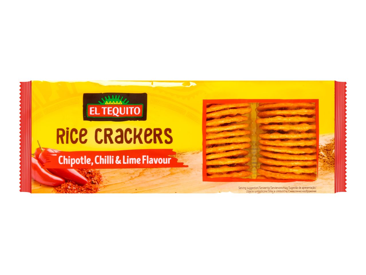 Rice crackers with chipotle, chili, and lime flavor in a yellow and red package.