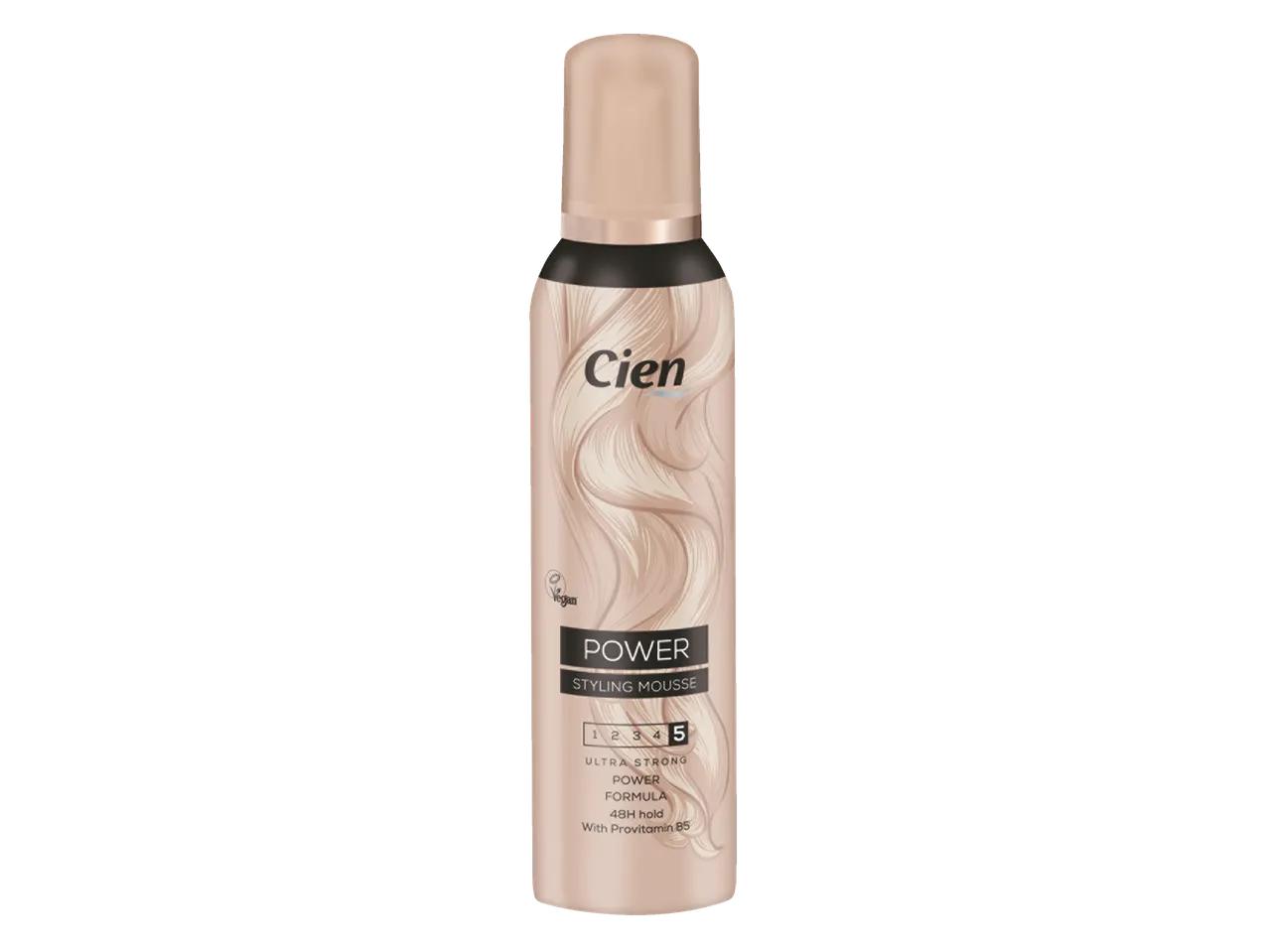 Cien Power Styling Mousse, fixare ultra puternică, formulă vegană cu provitamină B5.
