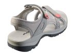 Grey outdoor sandal with pink accents and adjustable straps, viewed from the back.