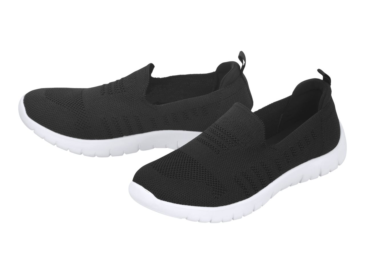Pair of black slip-on sneakers with white soles