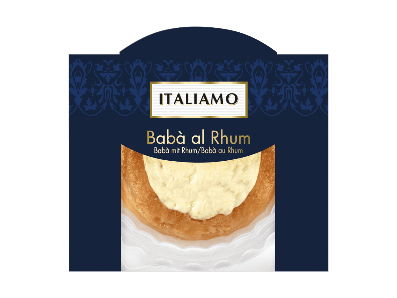 Dessert Babà al Rhum con crema, confezione blu scuro con motivo decorativo.
