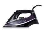 A black and purple Suck UK iron with a curved handle.