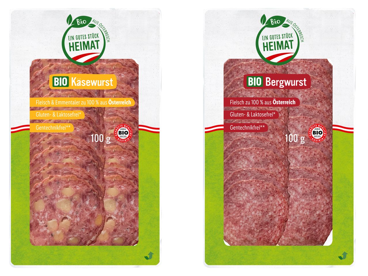 Zwei Packungen Bio-Wurstaufschnitt: Käsewurst und Bergwurst, beide aus Österreich.