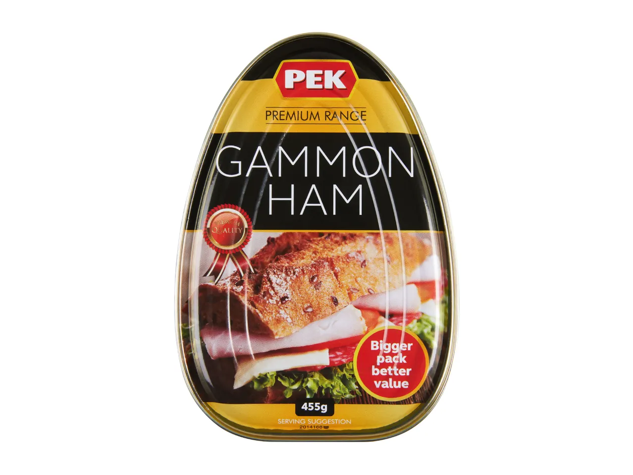Gammon ham in a tin with a sandwich serving suggestion, labeled as premium quality and bigger pack better value.