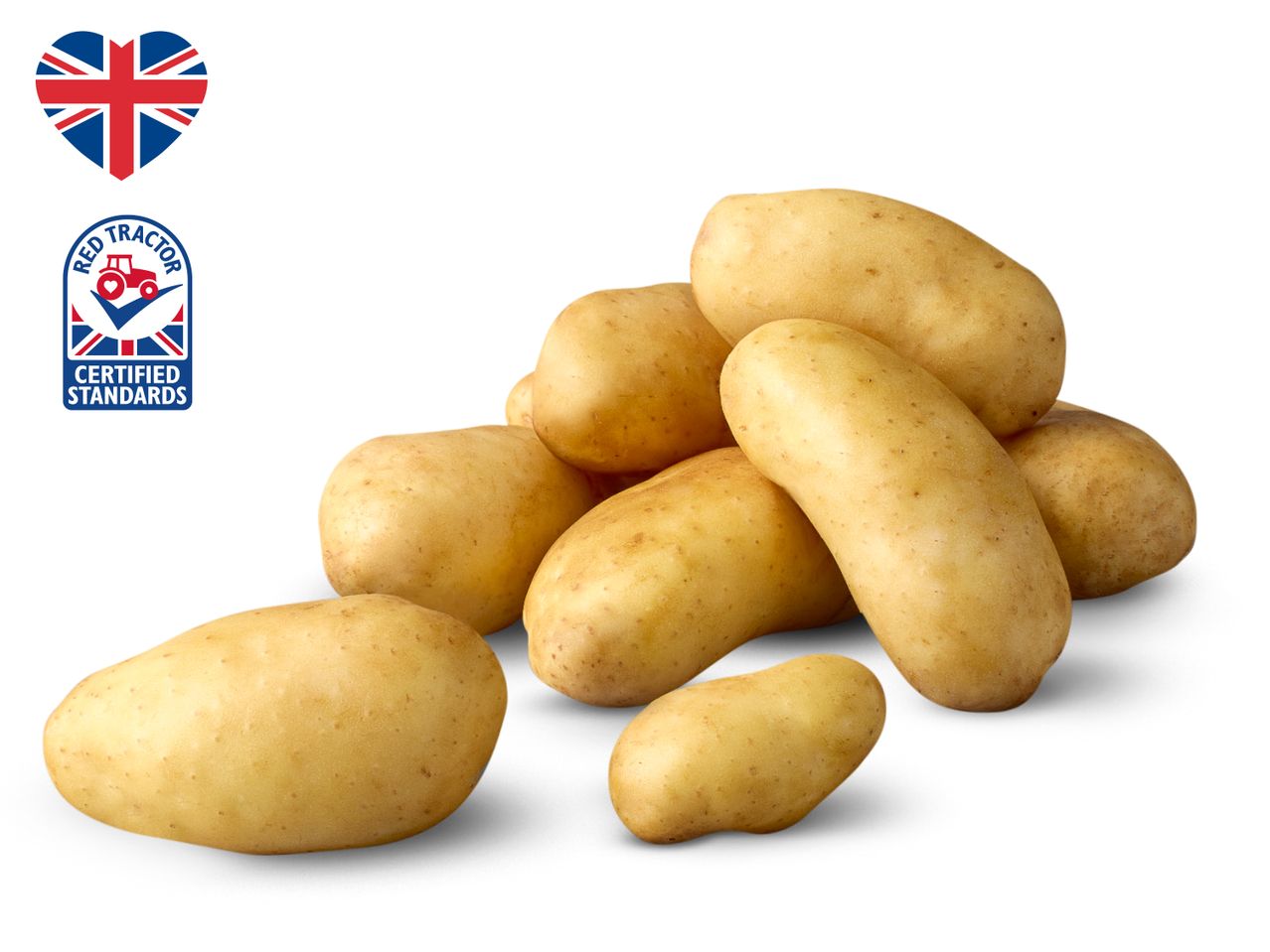 A pile of Red Tractor certified British potatoes.