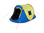 Blue and yellow pop-up tent with red trim and guy ropes