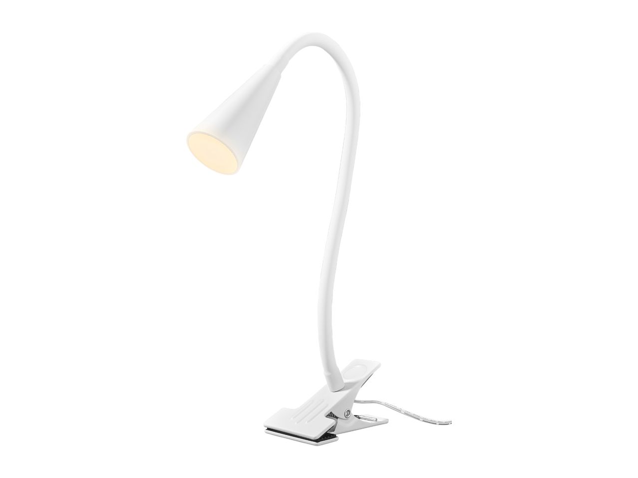 White clip-on desk lamp with a flexible gooseneck and an illuminated head.