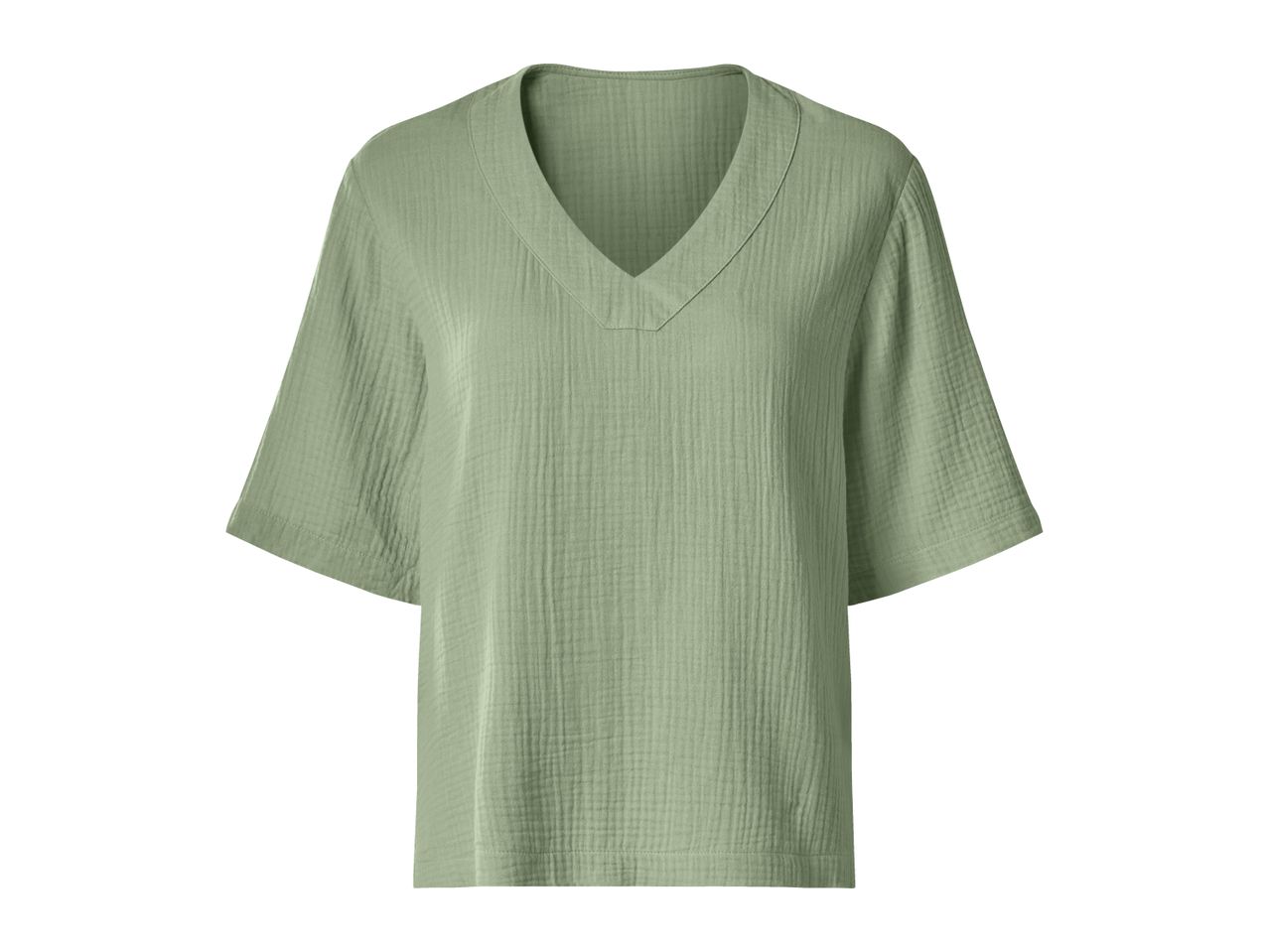 Women's light green short-sleeved V-neck top with a textured fabric.