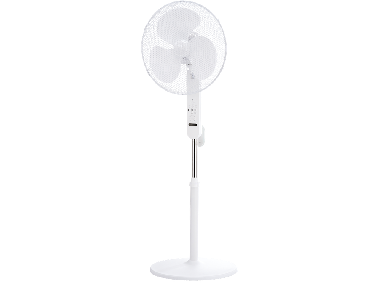 Ventilador de chão branco com grade de proteção.