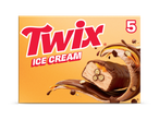 Doos met 5 ijsrepen met chocolade, karamel en koekjes, met opschrift 'ICE CREAM'.