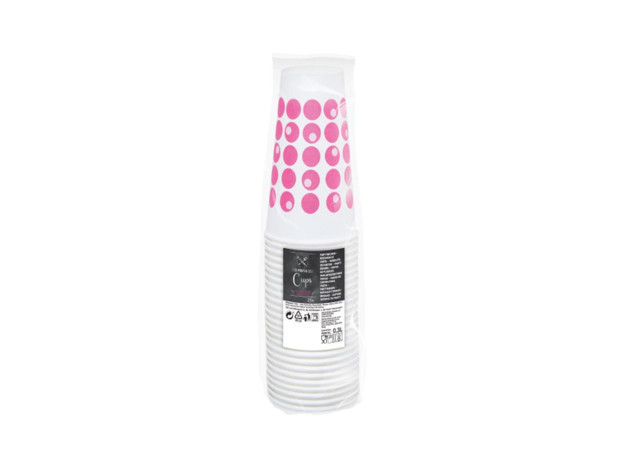 Package of white disposable cups with pink dots.
