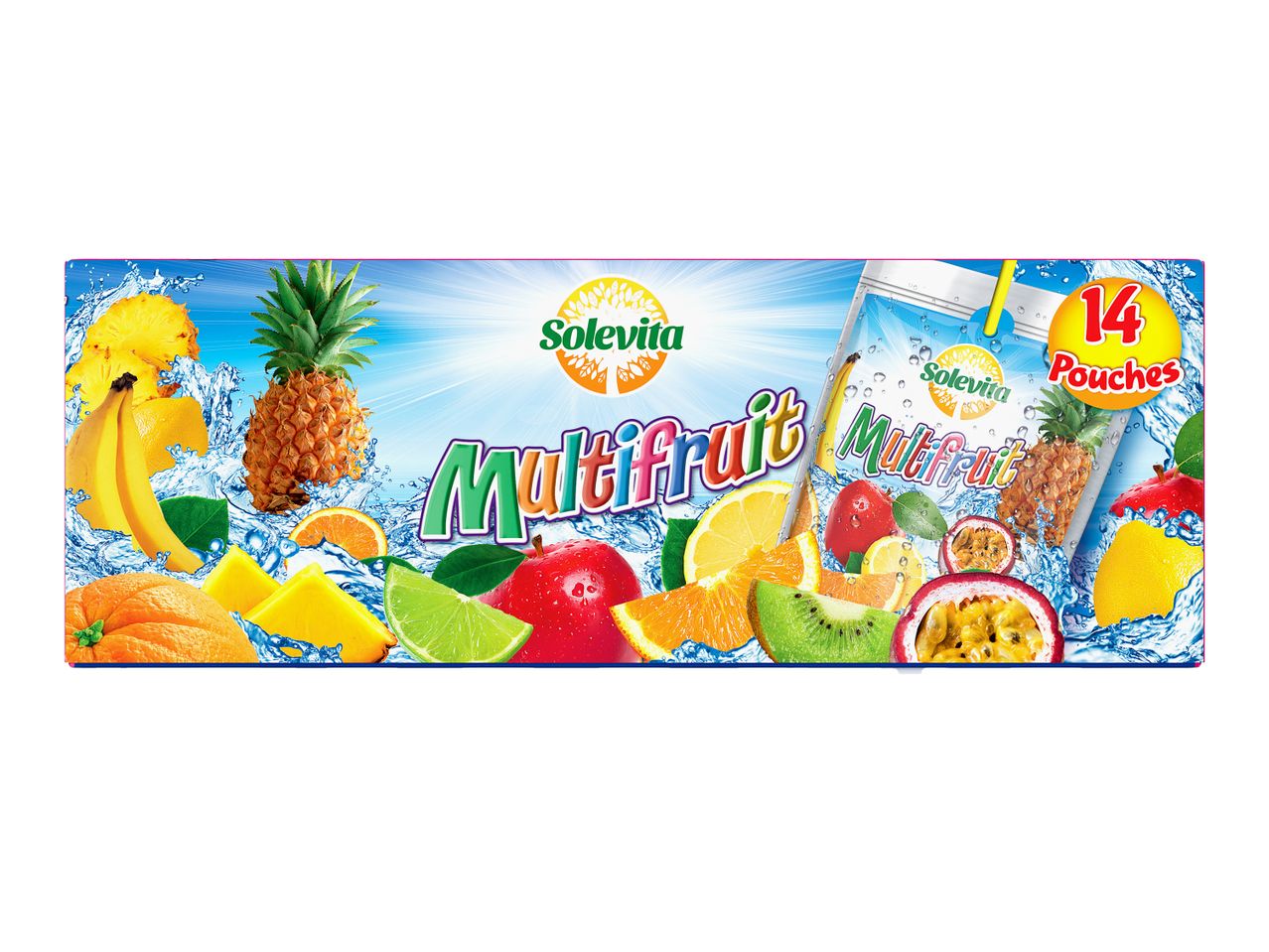 Pakuotė su „Solevita Multifruit“ gėrimais, vaizduojanti įvairius vaisius ir vandens purslus.