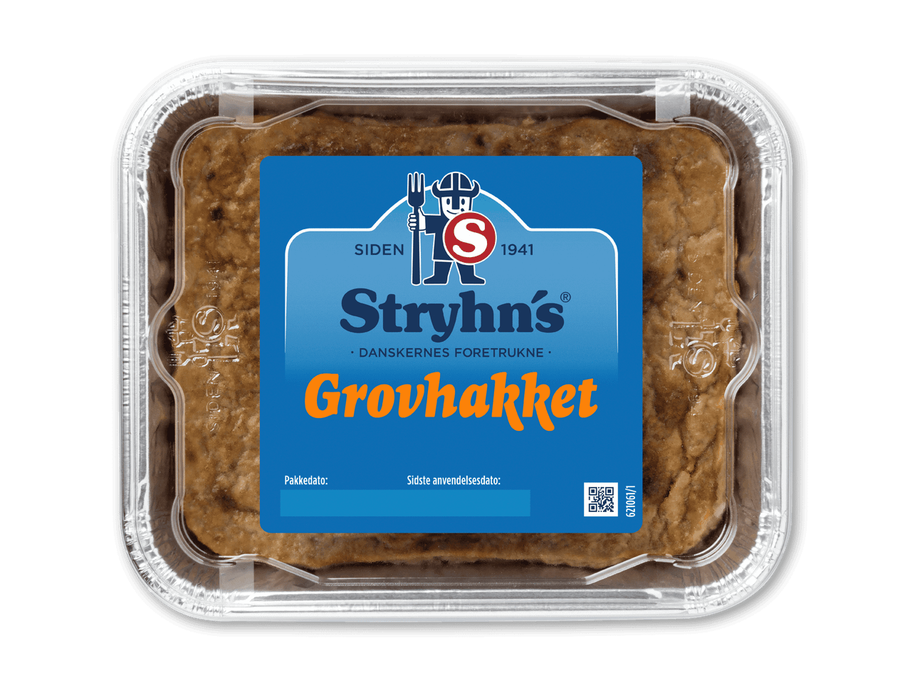 En pakke grovhakket leverpostej med en blå etiket, der viser en kok og teksten 'Danishernes foretrukne'.