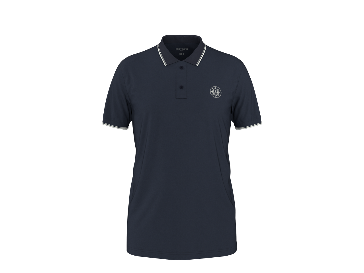 Polo masculino azul marinho com gola e mangas listradas em branco e um logótipo circular.
