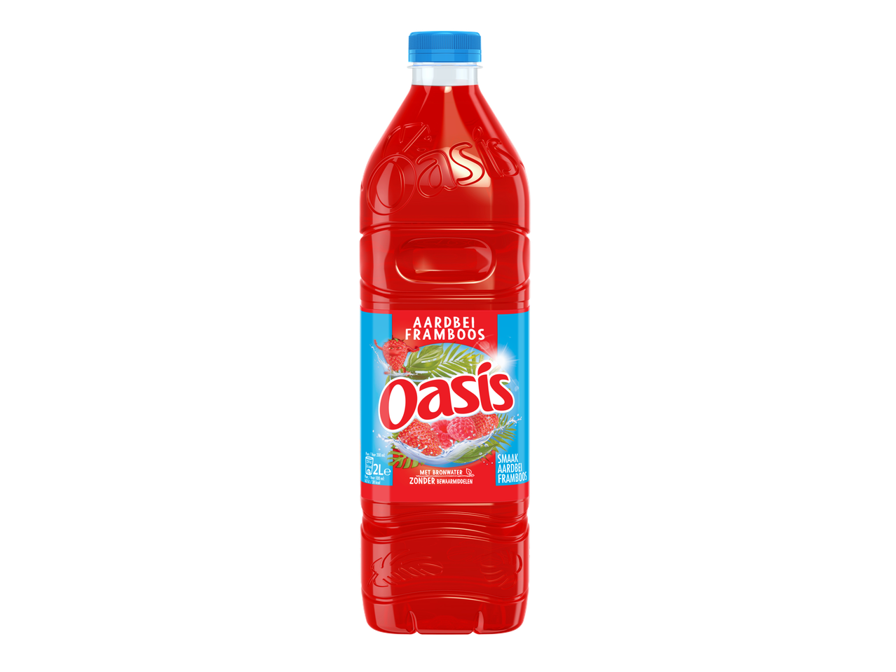 Oasis Aardbei Framboos fruitdrank in een rode fles met een blauwe dop.