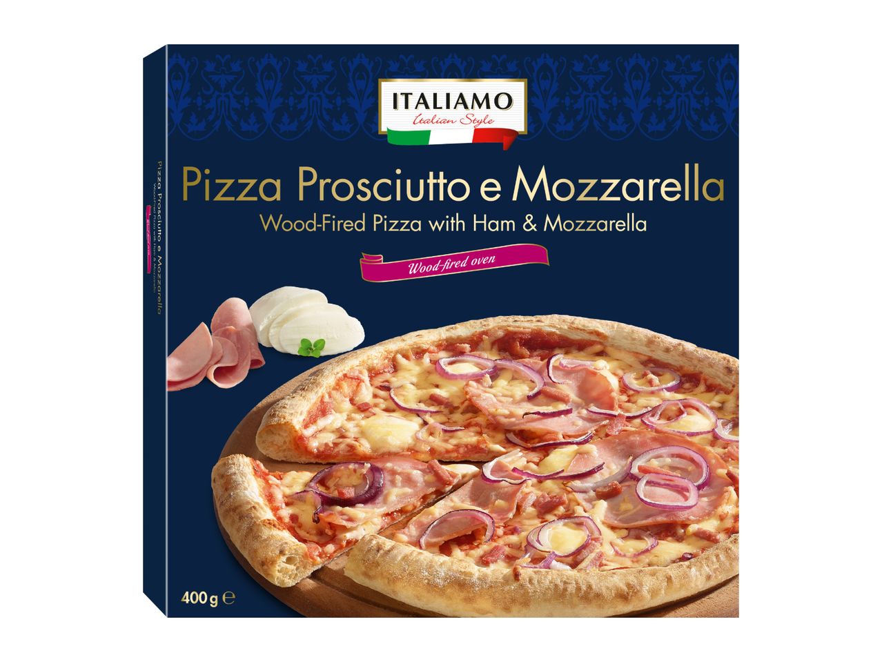 Box of wood-fired pizza with ham and mozzarella, 400g.