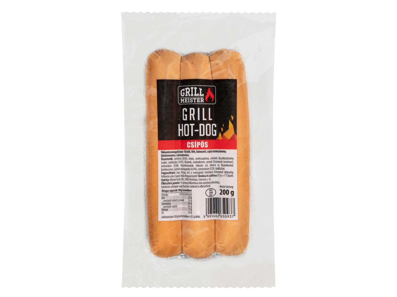 Három grillezett kolbász csomagban.