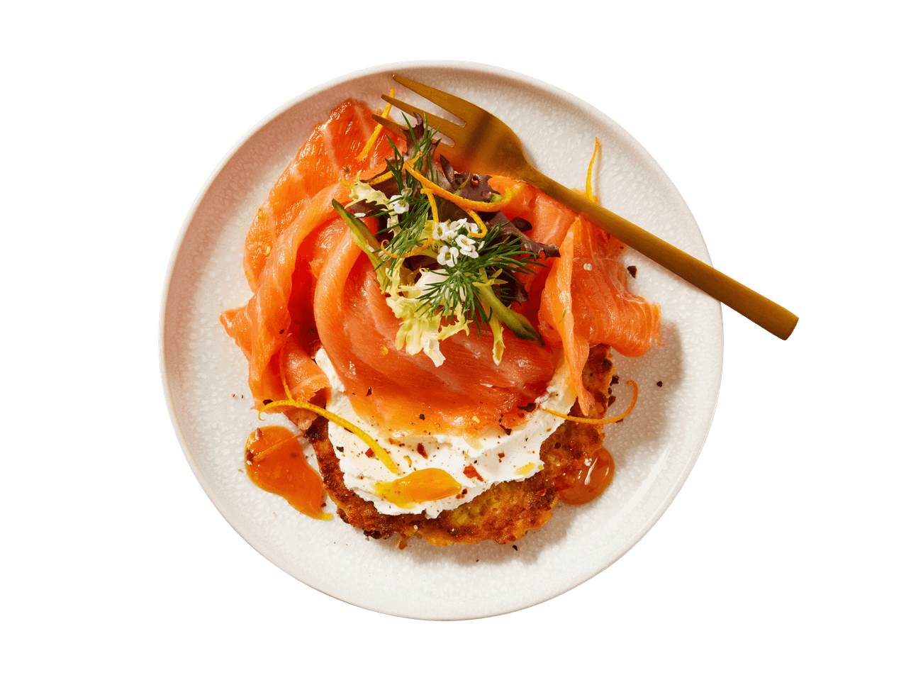 Lachs auf Kartoffelpuffer mit Frischkäse, Dill und Orangenzesten