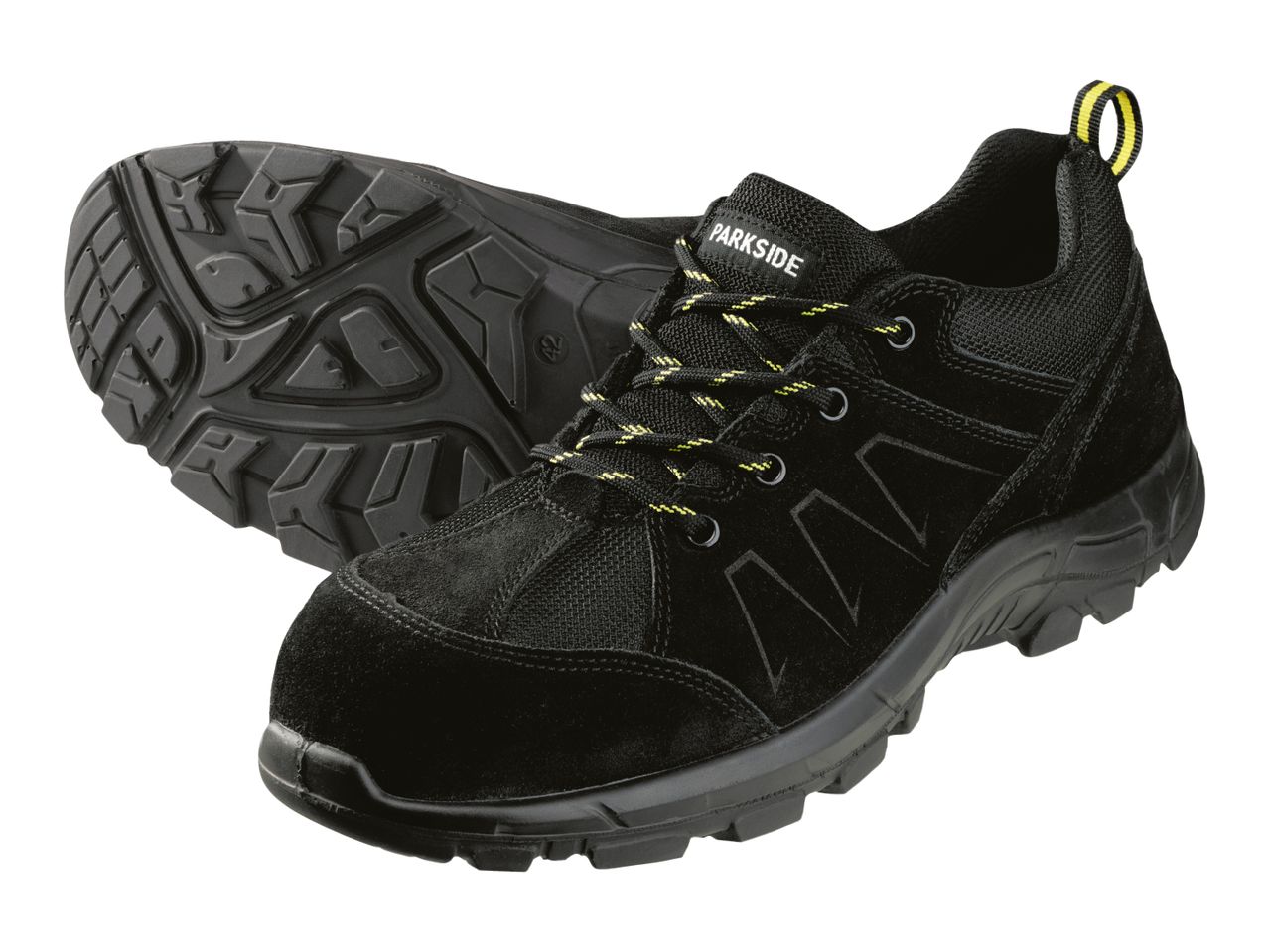 Pair of black safety shoes with yellow and black laces, featuring a textured sole.