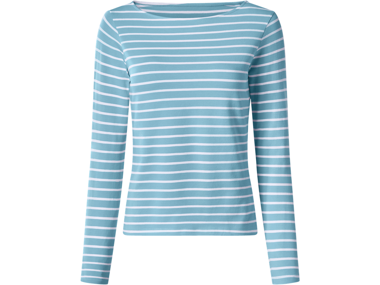 Mėlyni marškinėliai ilgomis rankovėmis su baltomis juostelėmis.