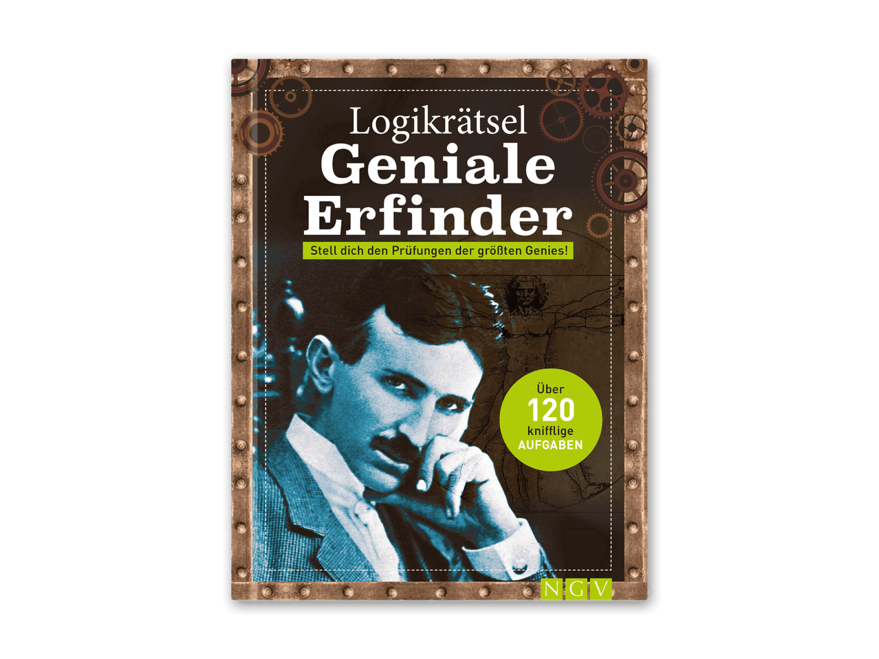 Buchcover „Logikrätsel Geniale Erfinder“ mit Nikola Tesla und über 120 kniffligen Aufgaben.