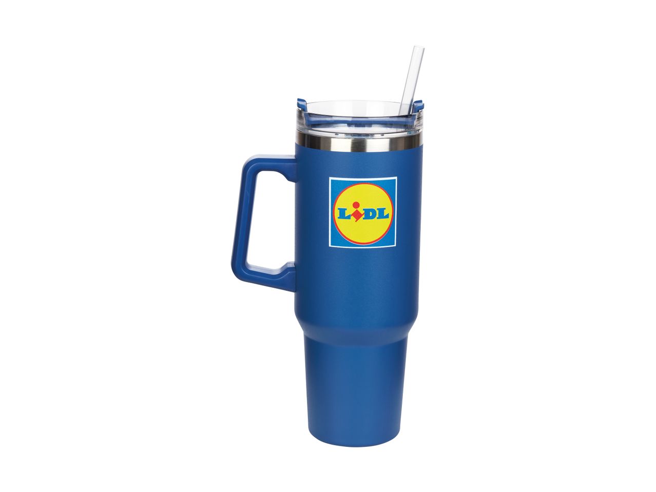 Blå termokop med håndtag, låg og sugerør, med Lidl-logoet.
