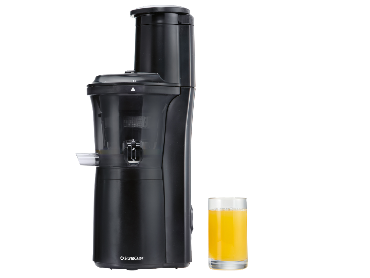 Silvercrest® Бавнооборотна сокоизстисквачка и чаша портокалов сок.