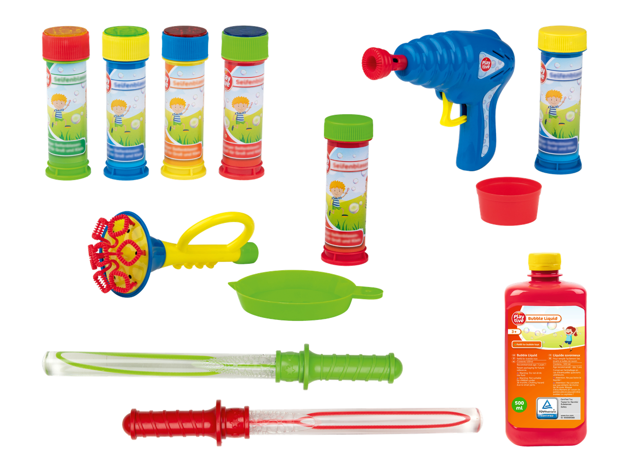 Saippuakuplapistooli, kuplapusseja ja Play-tive saippuakupla nestettä.