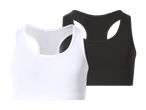 To sports-bh'er i hvid og sort med racerback-design.