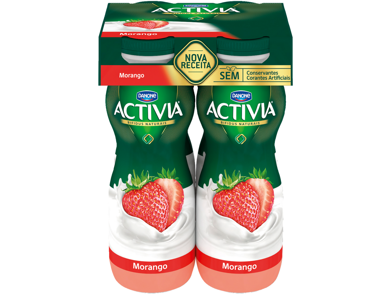 Embalagem de iogurte Activia de morango com duas garrafas.