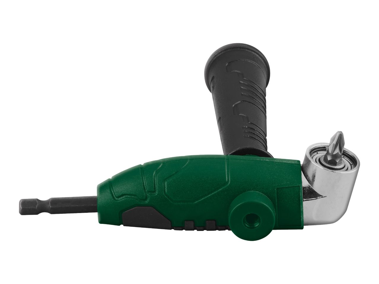 Right-angle drill attachment with a green body and black handle