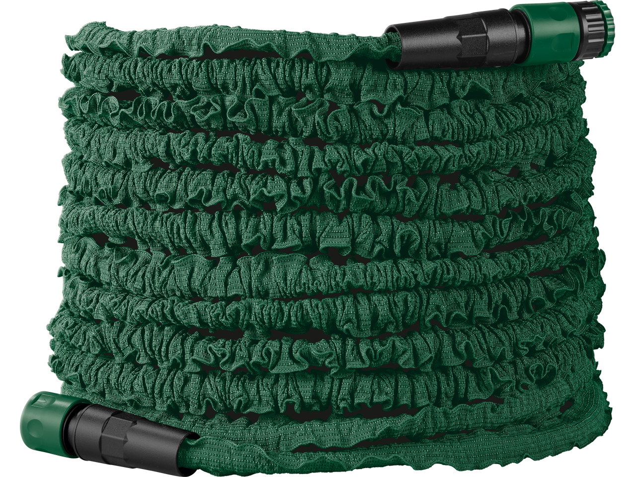 Furtun de grădină flexibil PARKSIDE verde înfășurat, cu conectori negri și verzi.