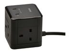 A black Tronic power cube with multiple outlets and USB-C PD ports, connected to a power cable.