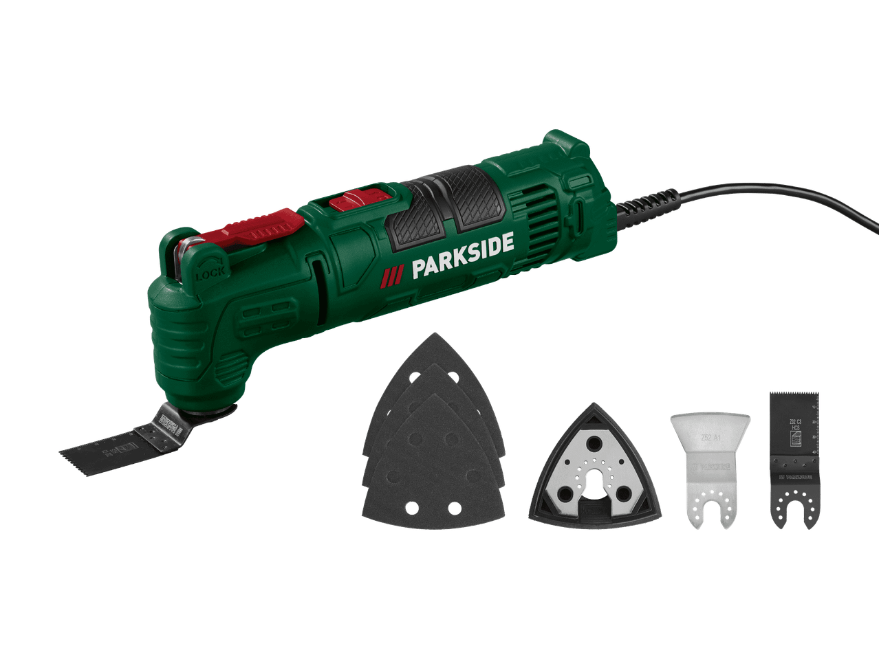 Un utensile multifunzione verde con accessori per levigatura e taglio.