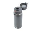 Grey insulated water bottle with an open lid, showing the drinking spout and seal.