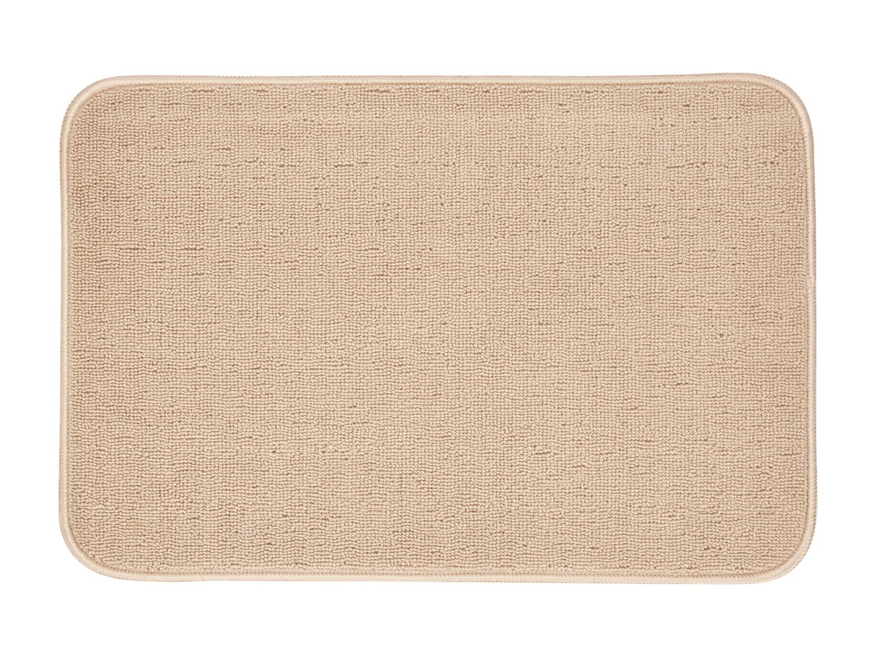 Rectangular beige bath mat with rounded corners and a textured surface.