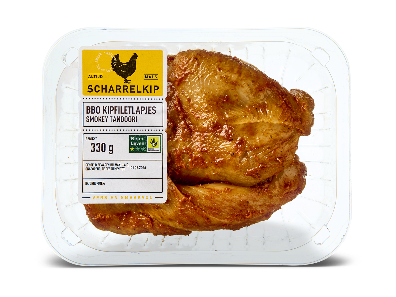 Verpakking met gemarineerde kipfiletlapjes, met een etiket dat 'Scharrelkip', 'BBQ Kipfiletlapjes Smokey Tandoori' en '330 g' vermeldt.