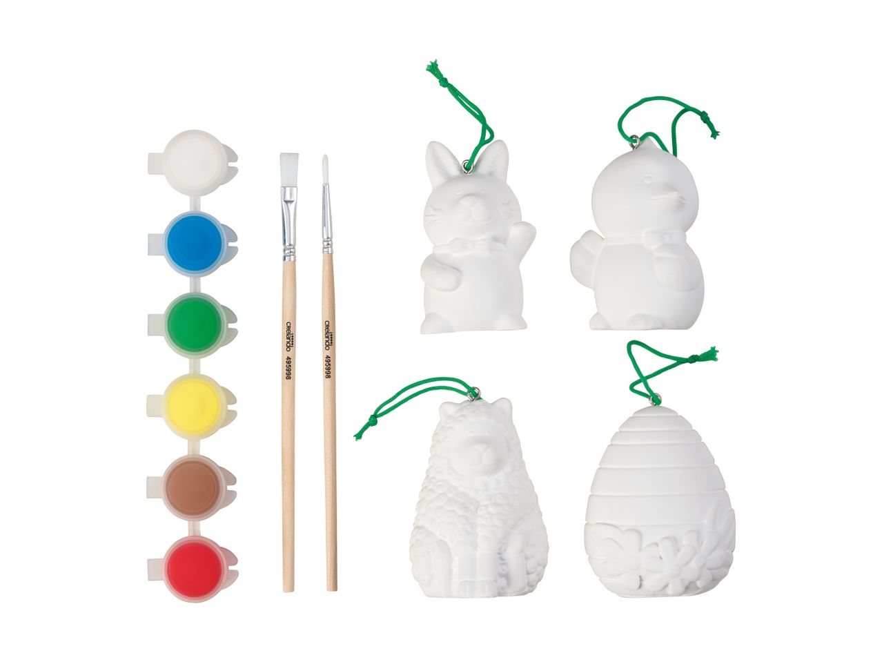 Paint-your-own ceramic ornaments featuring a bunny, chick, sheep, and beehive, with paints and brushes.