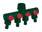 Green 4-way water distributor with red control valves for garden hoses.