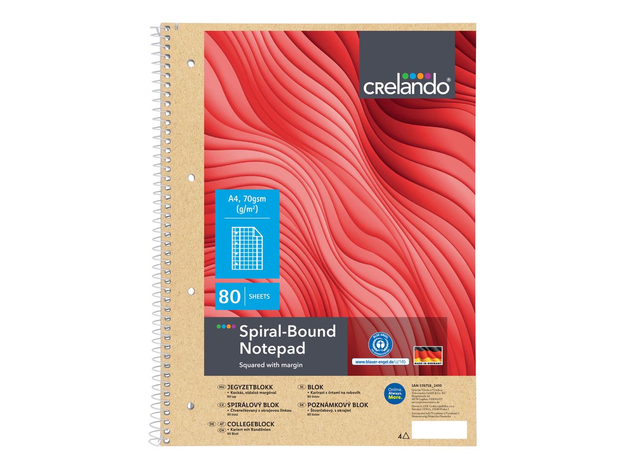 Crelado spirálkötésű jegyzettömb, A4-es méretű, 80 lapos, négyzetrácsos.