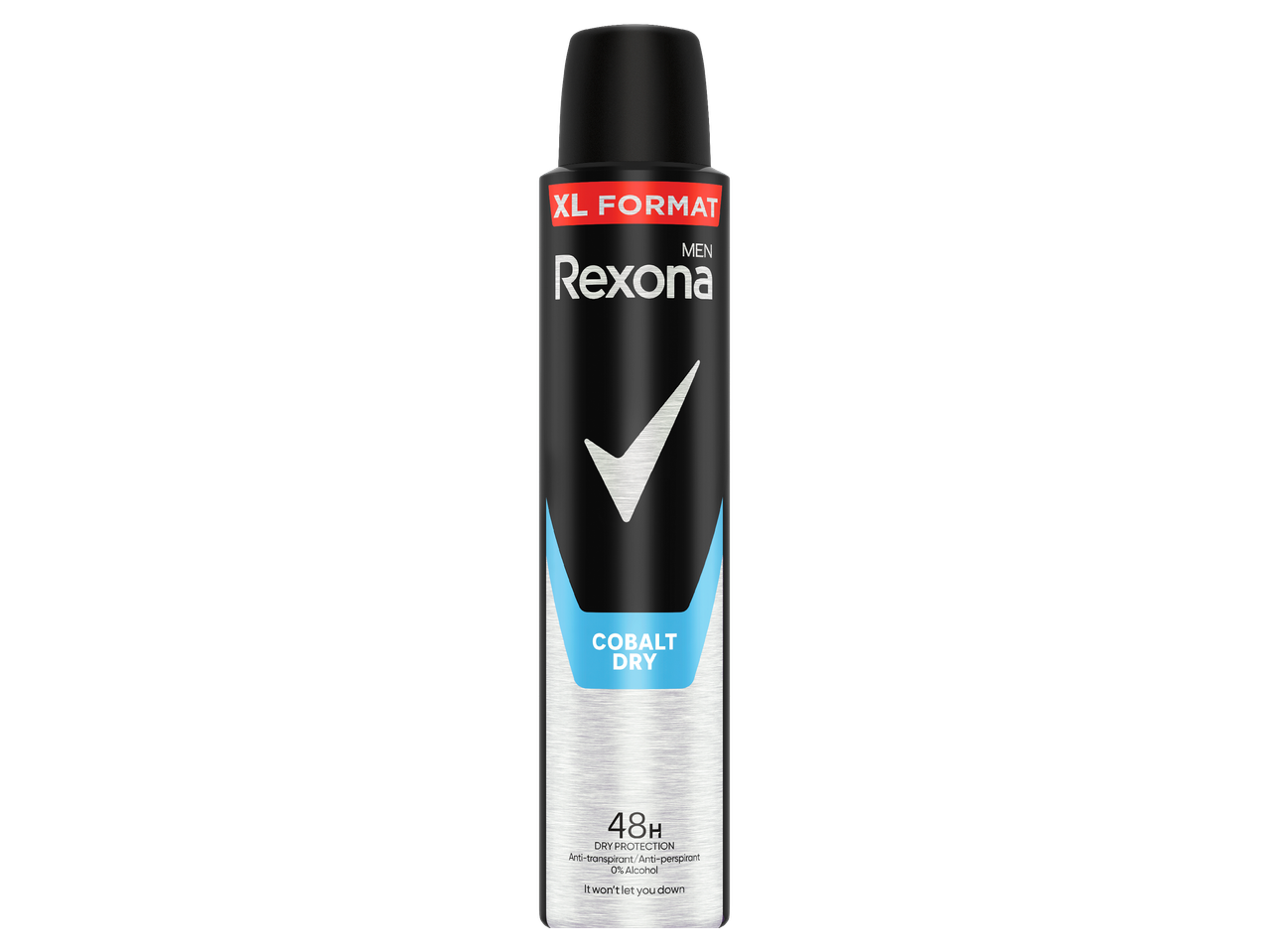 Черен дезодорант за мъже с надпис 'XL FORMAT', 'COBALT DRY' и '48H DRY PROTECTION'.
