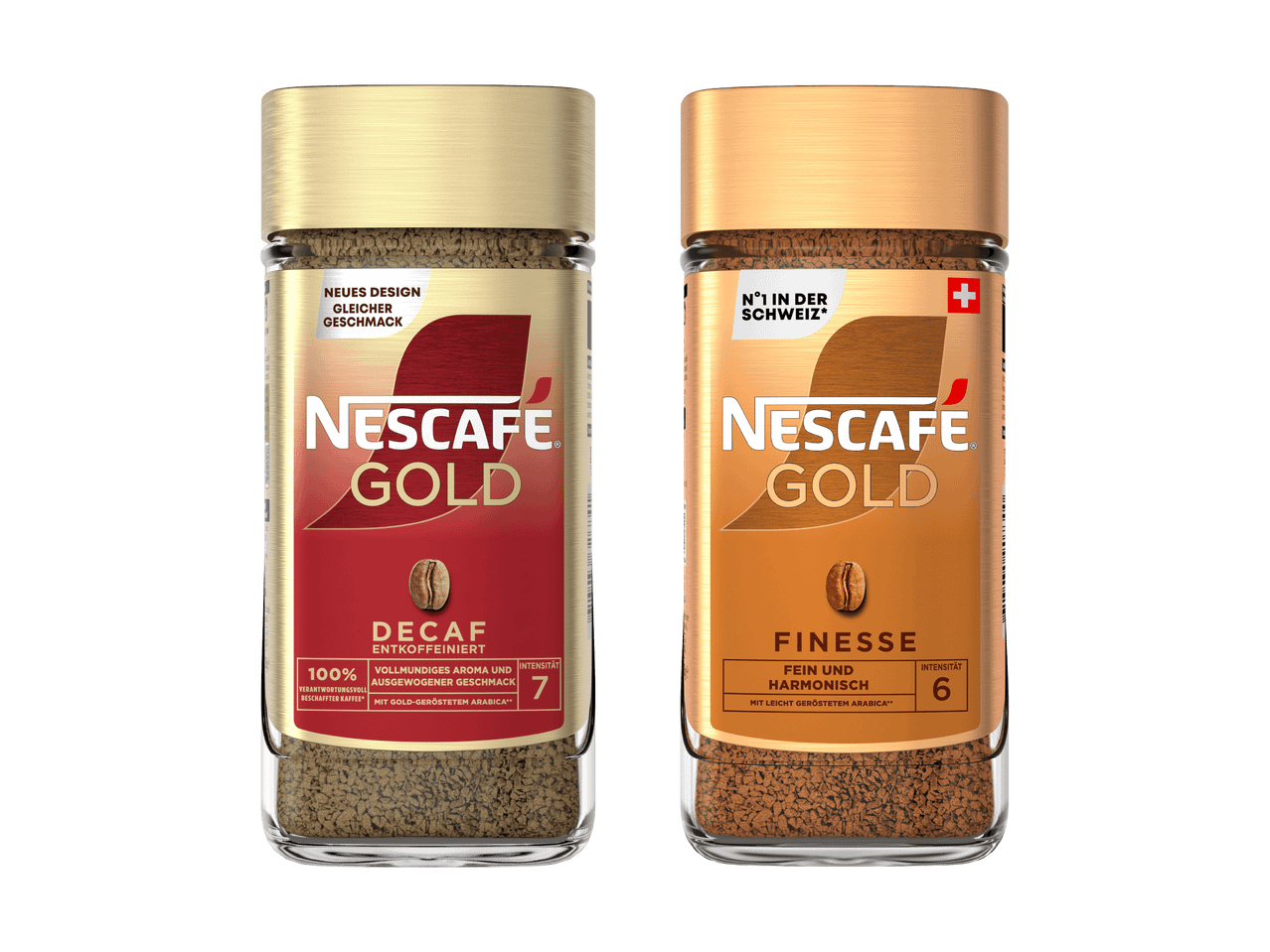 Tre barattoli di caffè istantaneo, inclusi decaffeinato, deluxe e finesse.