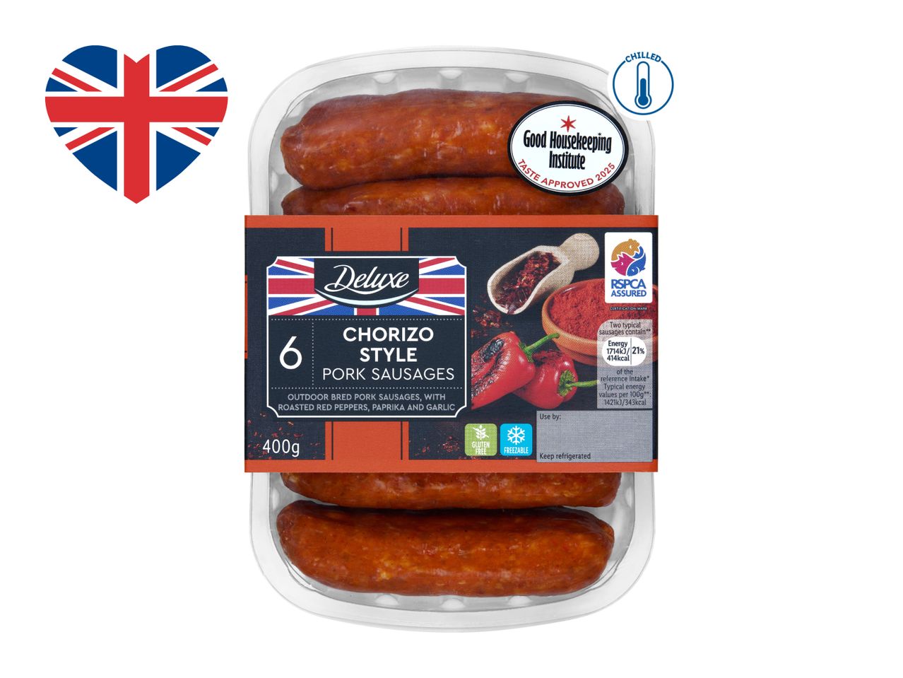 Chorizo style pork sausages in a clear tray with a label, featuring a Union Jack heart.